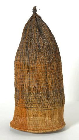 Artwork Fish trap this artwork made of Twined pandanus palm leaf (Pandanus spiralis) with natural dyes, created in 2003-01-01