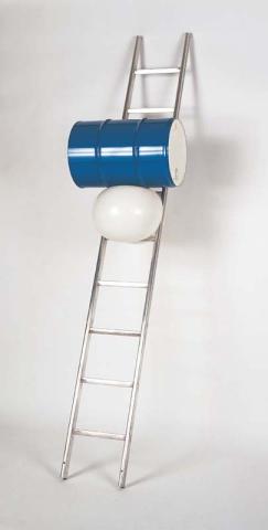 Artwork Ladder with barrel this artwork made of Metal ladder, barrel, balloon