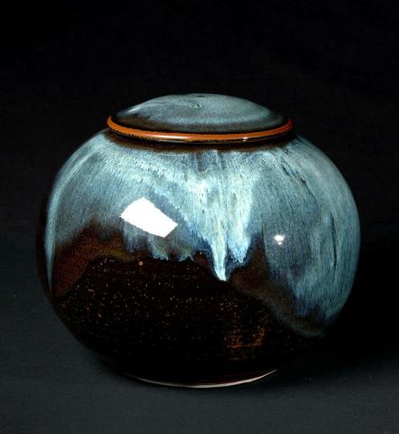 Artwork Spherical jar this artwork made of Stoneware, wheelthrown with light blue glaze over tenmoku glaze, created in 1980-01-01