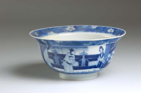Artwork Bowl this artwork made of White porcelain with cobalt oxide underglaze design of two couples on the exterior, children on the interior and plum blossoms on cracked ice ground  around flared rim