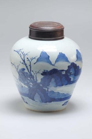 Artwork Jar this artwork made of White porcelain baluster form with short neck rising from rounded shoulders, with cobalt oxide underglaze design of mountainous landscape with lake, trees and buildings under a full moon; replacement rosewood lid