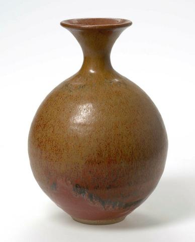 Artwork Vase this artwork made of Stoneware, wheelthrown, with brown glaze and red/brown glaze near base, created in 1970-01-01