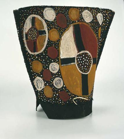 Artwork Tunga (Bark basket) this artwork made of Natural pigments on bark (Eucalyptus tetrodonta)