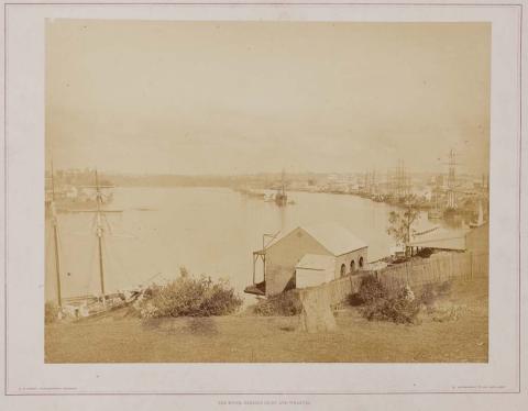 Artwork The river - Petrie's Bight and wharves (from 'Brisbane illustrated' portfolio) this artwork made of Albumen photograph on paper mounted on card, created in 1874-01-01