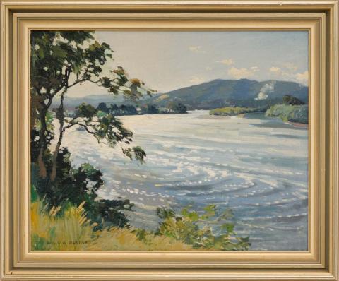 Artwork (Brisbane River, Indooroopilly) this artwork made of Oil on board, created in 1940-01-01