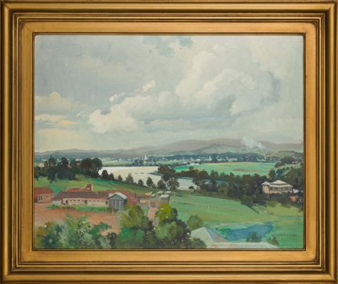 Artwork (Brisbane River, view to Graceville church) this artwork made of Oil on board, created in 1940-01-01