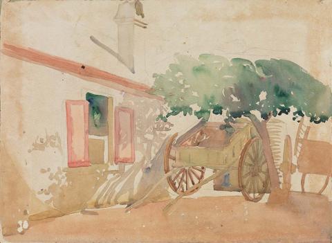 Artwork (Unfinished sketch of building and cart) this artwork made of Watercolour on paper, created in 1912-01-01
