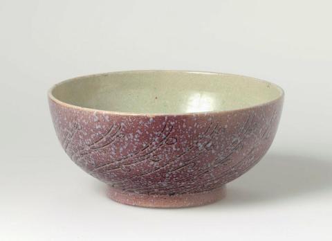 Artwork Bowl this artwork made of Earthenware, wheelthrown, incised with foliate lines and exterior light purple glaze speckled white. Interior pale green with iron spots, created in 1950-01-01
