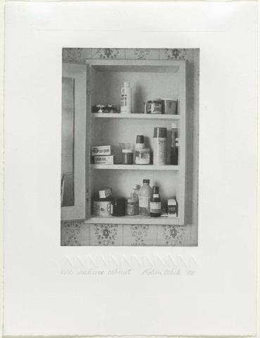 Artwork Te Puke time to go: Medicine cabinet (from 'Saying goodbye to Florence' series) this artwork made of Photo-etching with embossing on paper, created in 1988-01-01