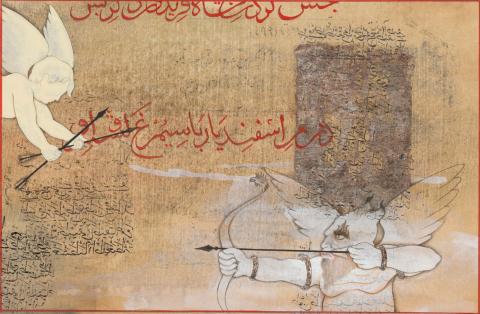 Artwork Untitled (from 'Rustam-e-pardar (Rustam with wings)' series) this artwork made of Watercolour, ink and gold leaf
