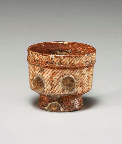Artwork Sake cup this artwork made of Stoneware, wheelthrown in the shape of a wooden pail with rope pattern, wood fired in the Shigaraki style with natural ash glaze, created in 1973-01-01