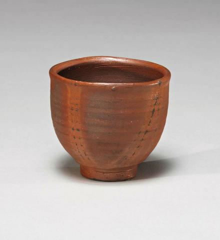 Artwork Sake cup this artwork made of Stoneware, wheelthrown and wood-fired in the Bizen technique with hidasuke markings, created in 1973-01-01