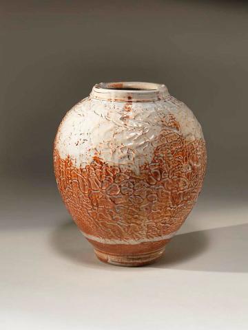 Artwork Blossom jar this artwork made of Stoneware, wheelthrown with incising, applied clay decoration and Shino glaze, created in 1975-01-01