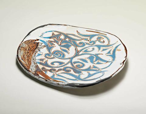 Artwork Slab dish this artwork made of Stoneware, slab-built with iron and cobalt slip scroll decoration, wax resist  and Shino glaze, created in 1997-01-01