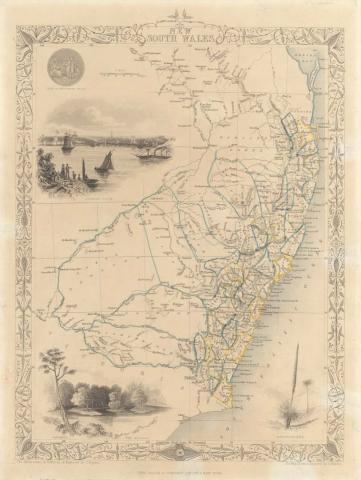 Artwork Map of New South Wales this artwork made of Engraving, hand-coloured on paper, created in 1850-01-01