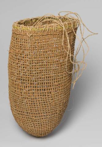 Artwork Mewana (Sedge grass basket) this artwork made of Twined sedge grass, pandanus palm leaf with natural dye and bark fibre string