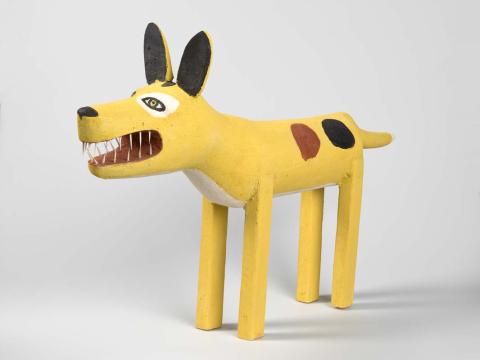 Artwork Yellow-patched camp dog this artwork made of Carved milkwood with natural pigments and synthetic polymer paint, created in 2006-01-01