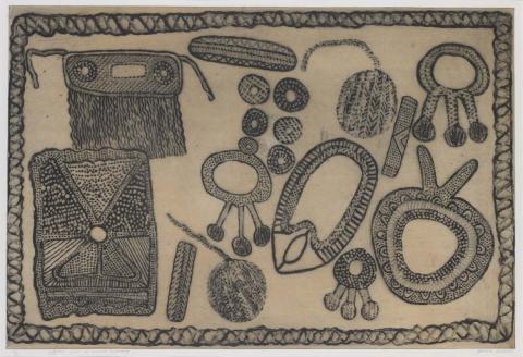 Artwork Objects used in Kulama ceremony this artwork made of Etching, lift ground aquatint in two colours on paper, created in 2000-01-01