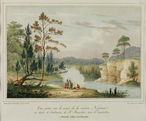 Artwork Vue prise sur le cours de la riviere Nepean, au dessus de l'habitation de Mr Macarthur, dans le Camdenshire this artwork made of Lithograph, hand-coloured on paper, created in 1828-01-01