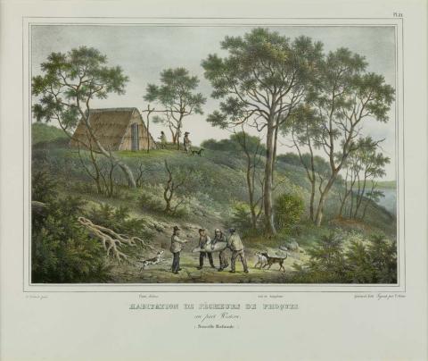 Artwork Habitation de pecheurs de phoques au port Western (Nouvelle Hollande) this artwork made of Lithograph with later hand-colouring on paper, created in 1833-01-01