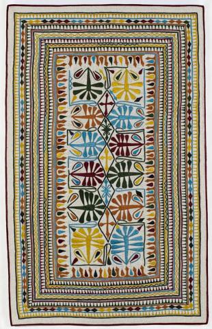 Artwork Rabari applique and embroidered quilt this artwork made of Quilt: hand-stitched embroidery and appliqué in silk, mashru (hand-woven satin silk fabric) and cotton on mashru ground, created in 2004-01-01