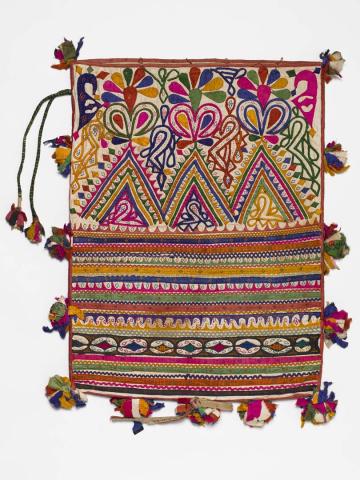 Artwork Kothali (dowry bag) with appliqué this artwork made of Cotton with cotton appliqué, silk, mashru (hand-woven satin silk fabric) and commercial braid