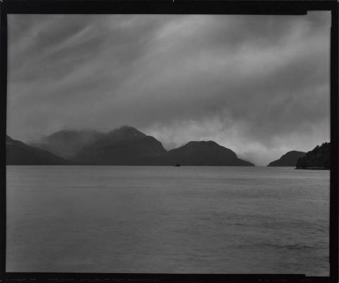 Artwork 2-10 August 1998. Indian Island, 360 degree panorama after William Hodges 'View in Dusky Bay', Tamatea - Dusky Sound Te Waipounamu (suite) (from 'Cook's sites' series) this artwork made of Gold-toned silver bromide fibre-based print on archival linen taped to archival foamcore, created in 1998-01-01