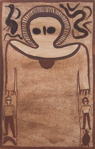 Artwork Wandjina figure this artwork made of Natural pigments with bush gum on canvas, created in 1990-01-01