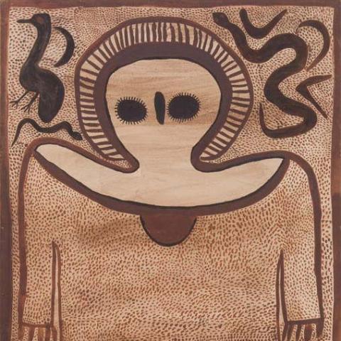 A Wandjina figure painted in natural pigments on bark
