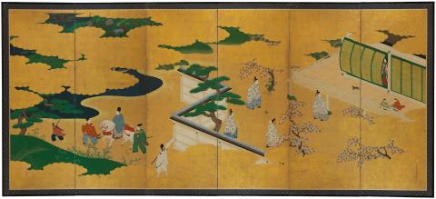 Artwork Pair of six fold screens:  Scenes from the Genji Monogatari (Tale of Genji) this artwork made of Gold and colours on paper on six-fold wooden framed screens