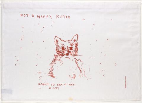 Artwork Not a happy kitten. In fact I'd say it was a dog this artwork made of Tea towel: screenprint on linen