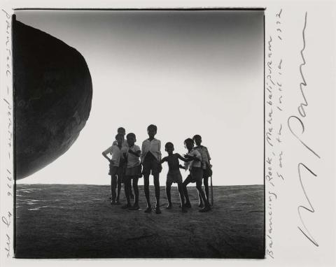 Artwork Boys leaving Dar es Salaam, balancing rock, India (from 'Indian Ocean Journals') this artwork made of Gelatin silver photograph on paper, created in 1992-01-01