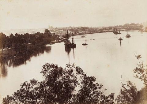 Artwork Brisbane River this artwork made of Albumen photograph on paper mounted on card, created in 1880-01-01