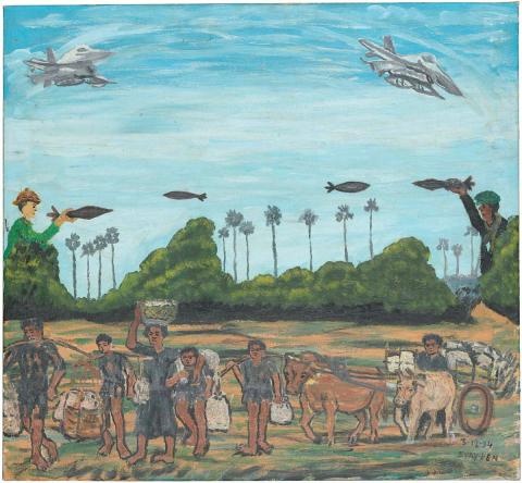 Artwork Vietnamese planes and Pol Pot soldiers in battle, 1979 this artwork made of Oil on canvas, created in 1994-01-01