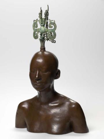 Artwork Metaphysica: Statue with human head and bird body this artwork made of Bronze and brass