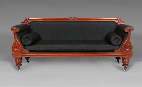 Artwork Double-ended sofa this artwork made of Cedar, carved, with replacement black damask horsehair upholstery on Tasmanian oak carcass, created in 1830-01-01