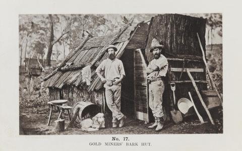 Artwork (Gold miners' bark hut) (no. 17 from 'Images of Queensland' series) this artwork made of Autotype on paper, created in 1864-01-01