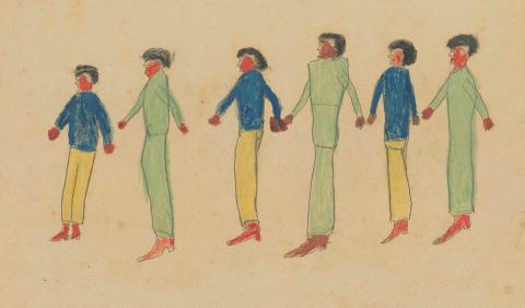 Artwork (Six men walking) this artwork made of Coloured pencil and graphite on paper