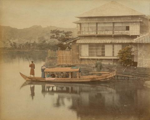 Artwork (Yakatabune (pleasure boat) on lake) (from 'Japan' album) this artwork made of Hand-coloured albumen photograph on board (originally bound in an album), created in 1867-01-01