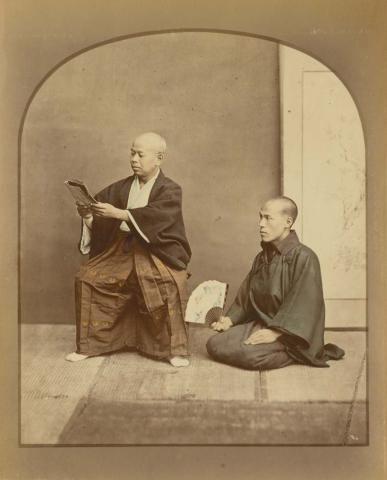Artwork (Buddhist priests) (from 'Japan' album) this artwork made of Hand-coloured albumen photograph on board (originally bound in an album), created in 1870-01-01