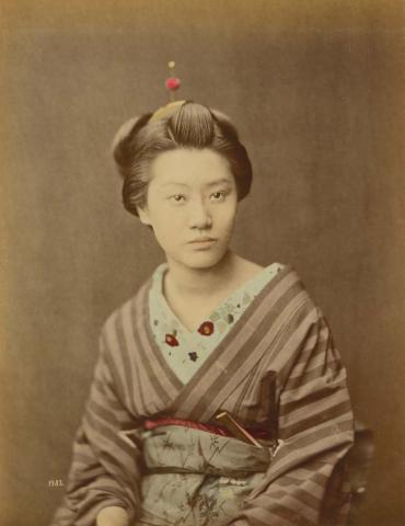 Artwork (Geisha portrait) (from 'Japan' album) this artwork made of Hand-coloured albumen photograph on board (originally bound in an album), created in 1870-01-01