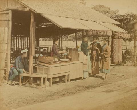 Artwork (Confectionary shop) (from 'Japan' album) this artwork made of Hand-coloured albumen photograph on board (originally bound in an album), created in 1870-01-01