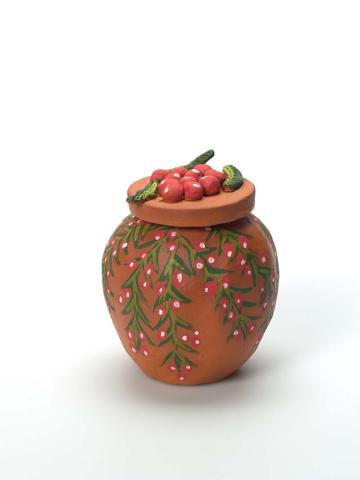 Artwork Tjankana (mistletoe berry) (from 'Bush tucker' series) this artwork made of Earthenware, hand-built terracotta clay with underglaze colours and applied decoration