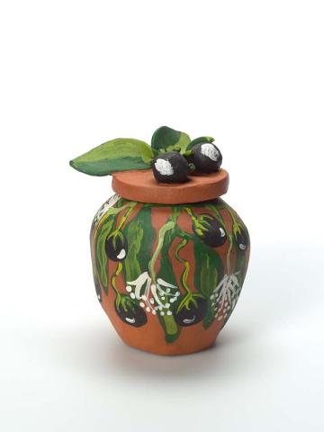 Artwork Kupaarta urnma (bush plums, ripe) (from 'Bush tucker' series) this artwork made of Earthenware, hand-built terracotta clay with underglaze colours and applied decoration, created in 2009-01-01