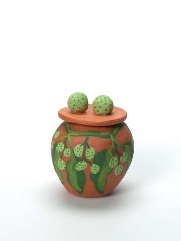 Artwork Taltjakurla (mulga apple) (from 'Bush tucker' series) this artwork made of Earthenware, hand-built terracotta clay with underglaze colours and applied decoration