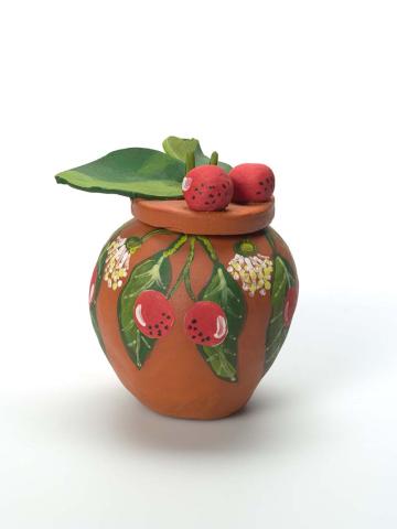 Artwork Pmurlpa (quondong) (from 'Bush tucker' series) this artwork made of Earthenware, hand-built terracotta clay with underglaze colours and applied decoration
