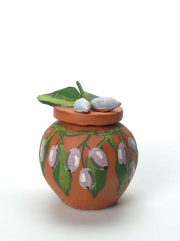 Artwork Kupaarta lngkwia-errama (bush plums, over-ripe, inedible) (from 'Bush tucker' series) this artwork made of Earthenware, hand-built terracotta clay with underglaze colours and applied decoration, created in 2009-01-01