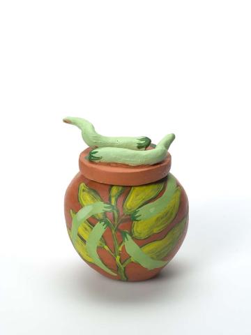 Artwork Ngaraaka (bush bean) (from 'Bush tucker' series) this artwork made of Earthenware, hand-built terracotta clay with underglaze colours and applied decoration, created in 2009-01-01