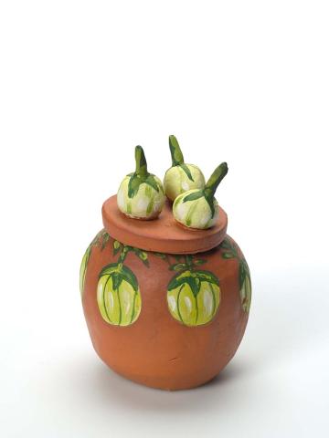 Artwork Urrarlpa (native tomato in hilly habitats) (from 'Bush tucker' series) this artwork made of Earthenware, hand-built terracotta clay with underglaze colours and applied decoration, created in 2009-01-01