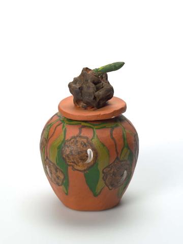 Artwork Arrkarma (bloodwood apple) (from 'Bush tucker' series) this artwork made of Earthenware, hand-built terracotta clay with underglaze colours and applied decoration, created in 2009-01-01